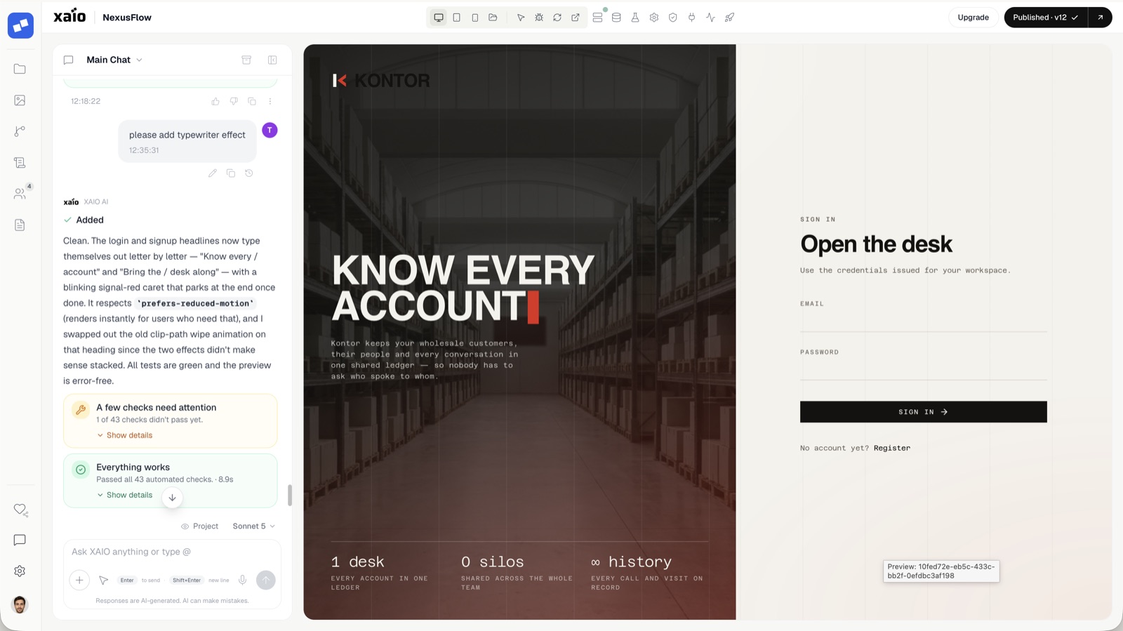 XAEIO workspace: chat on the left, live preview and automated checks on the right