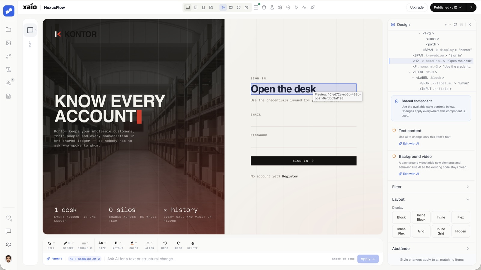 XAEIO design mode: selecting a headline and editing it visually