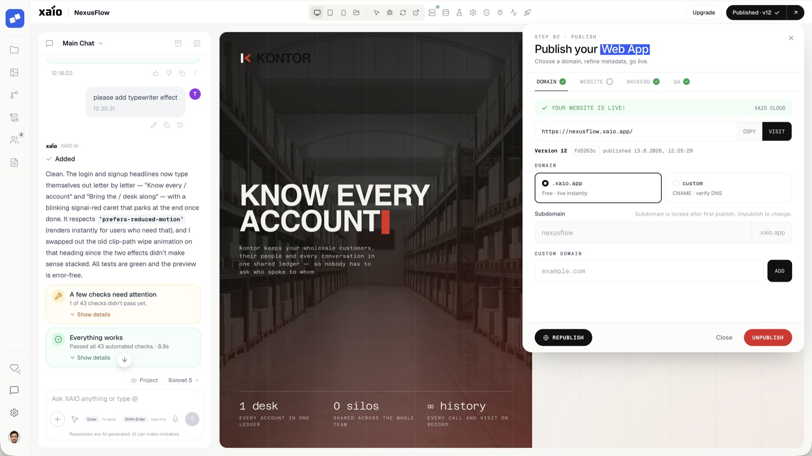 The XAEIO publish panel with domain settings, version and QA gates
